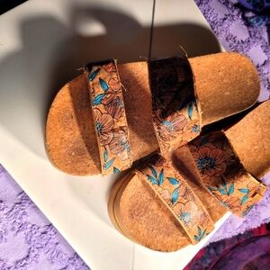 Reef Cork Sandals with Floral Blue and Brown Design
